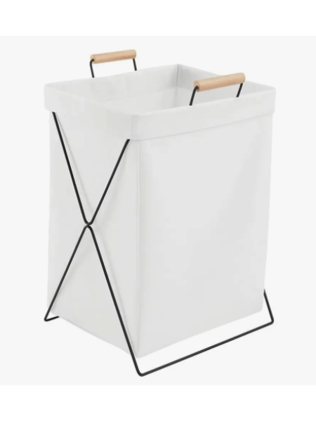 Cesto de Ropa Blanco con Agarraderas de Madera - Liso - Impermeable - Estructura de Metal Rigida - Plegable - 36 x 26 x 59 cm -